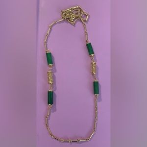 Vintage 30” Chinese Jade Glass Gold Tone Necklace Sarah Cov
